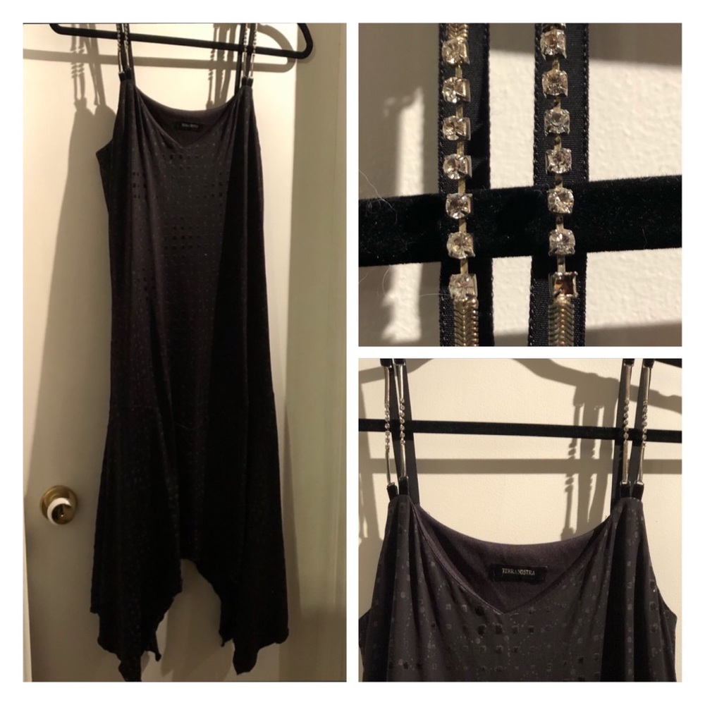 🍒 Terra Nostra Black Dress w/ rhinestones & velvet straps!!! EUC!!!